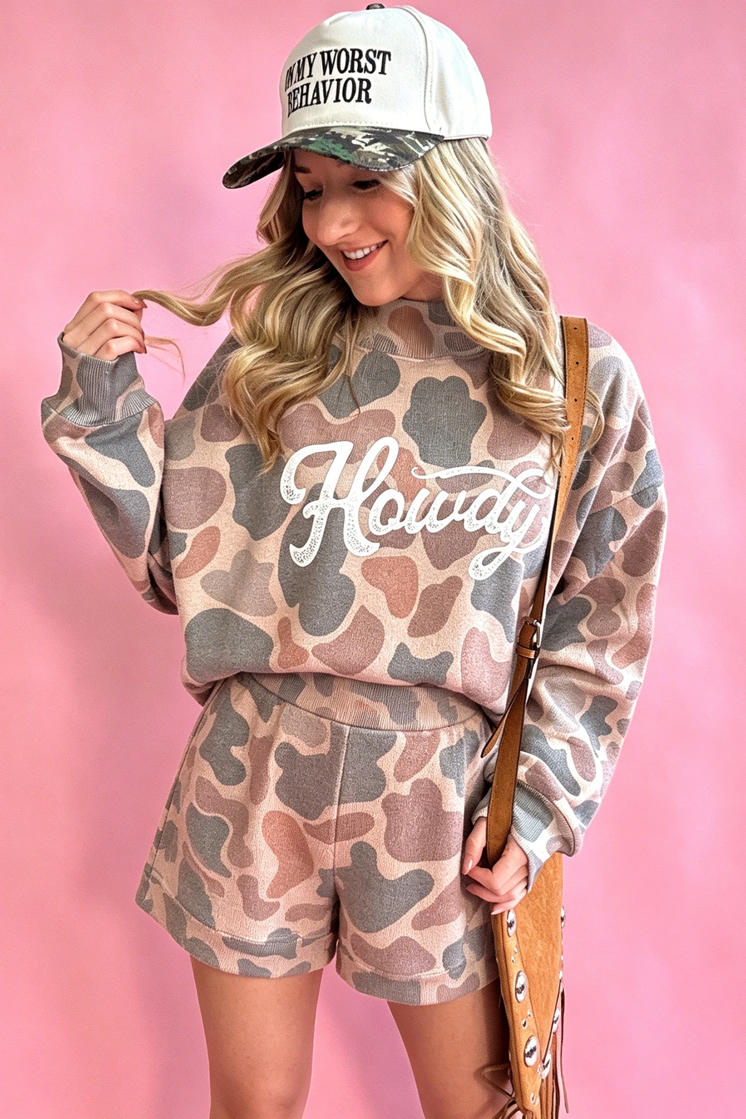 Multicolour Howdy Camouflage High Neck Long Sleeve Top and Shorts Set