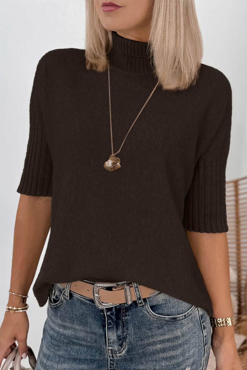 Dark Brown Ribbed Trim High Neck Short Sleeve Casual Sweater