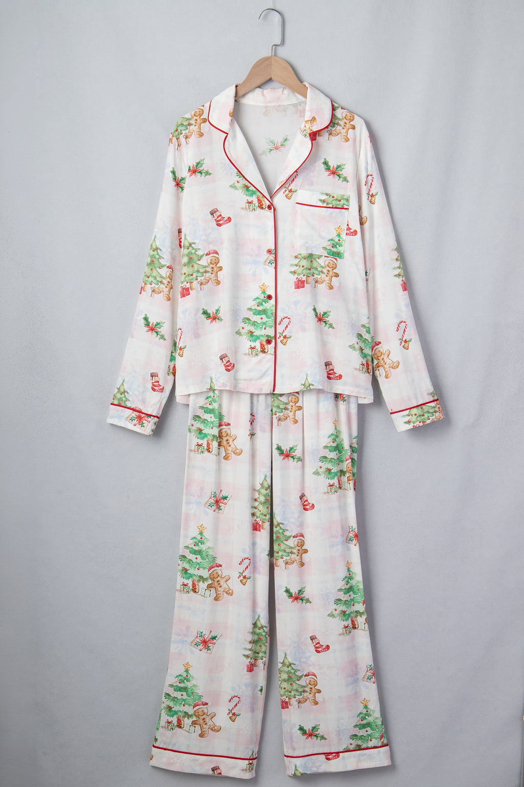Pink Plaid Snowflake Christmas Gingerbread Man Print Long 2pcs Lounge Set