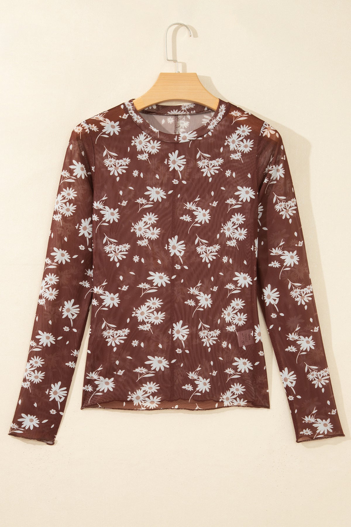 Brown Floral Print Sheer Mesh Long Sleeve Top