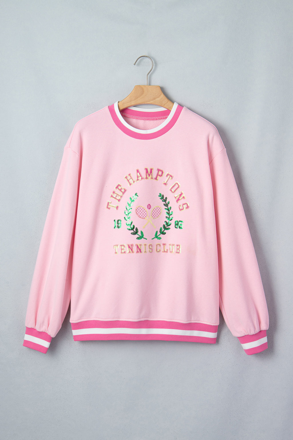Pink Embroidered Tennis Club Crew Neck Pullover Sweatshirt
