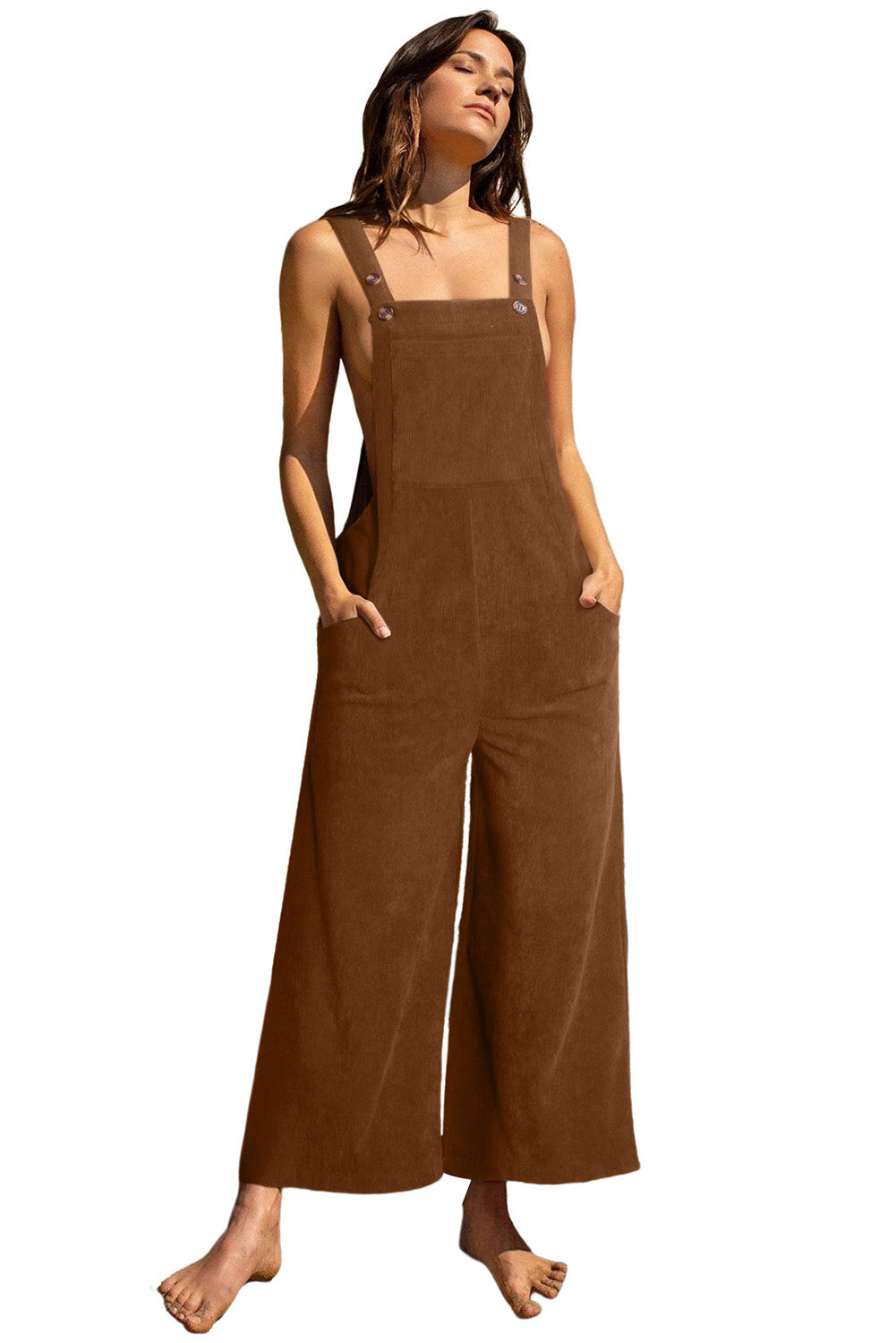 Brown Solid Color Corduroy Wide Leg Bib Overalls