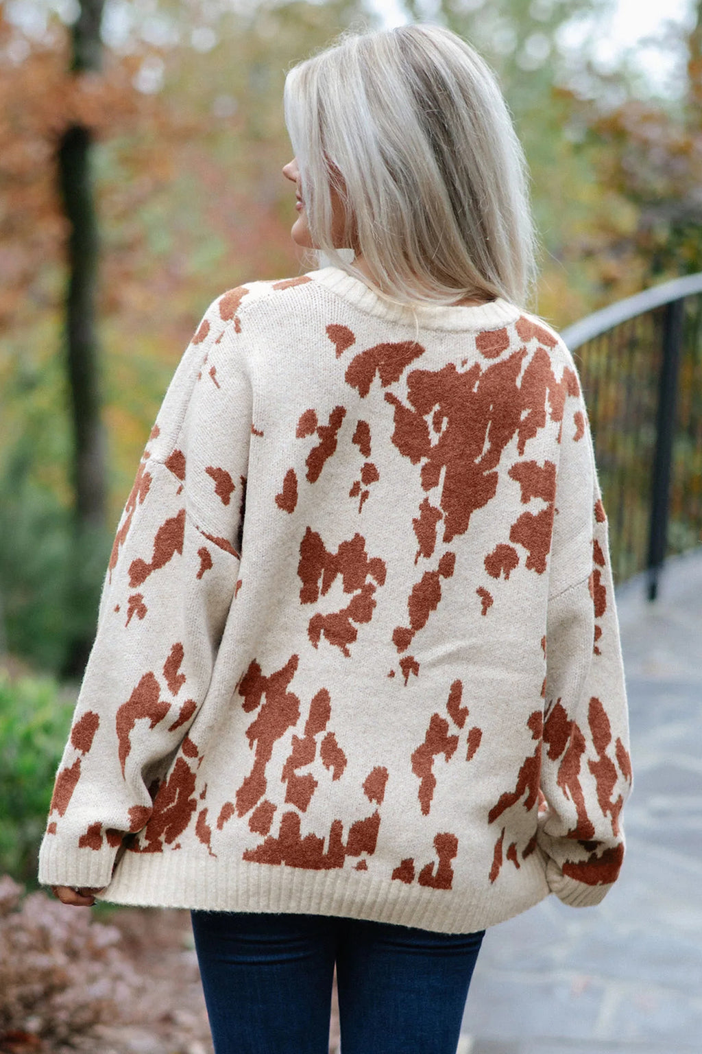 Khaki Abstract Print Drop Shoulder Long Sleeve Round Neck Sweater