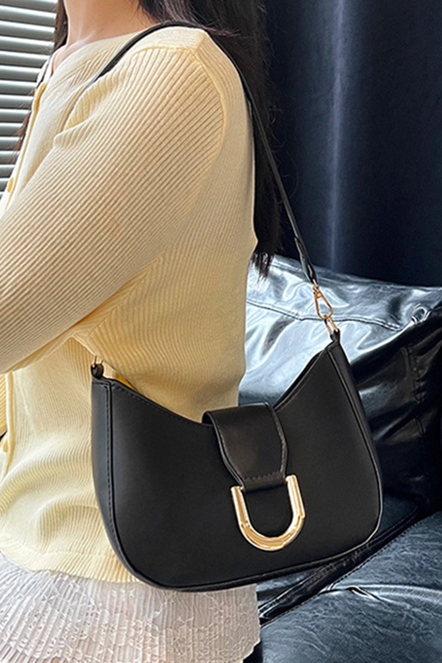 Black Gold Hardware PU Leather Single Shoulder Bag
