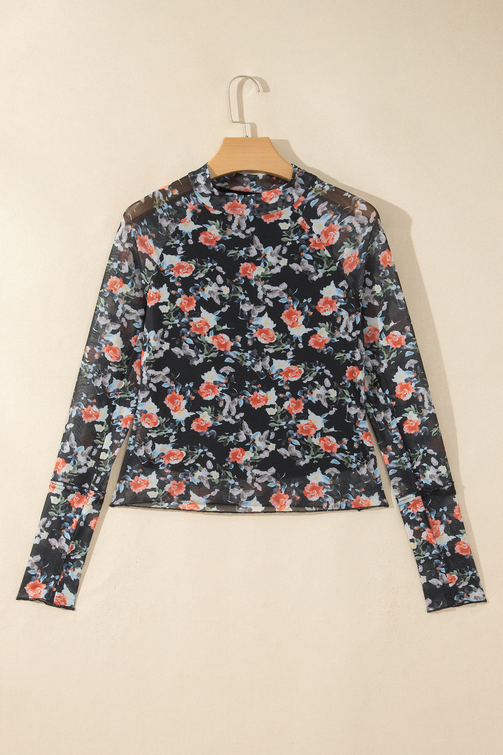 Black Floral Print Mesh Long Sleeve Stand Neck Pullover Top