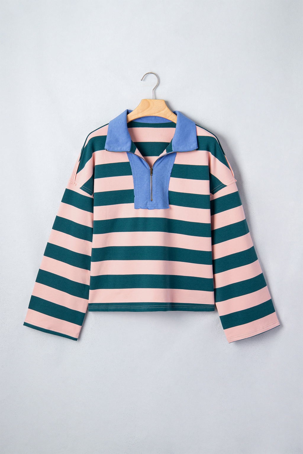 Green Stripe Quarter-Zip Metal Zipper Cover Stitch Hem Top