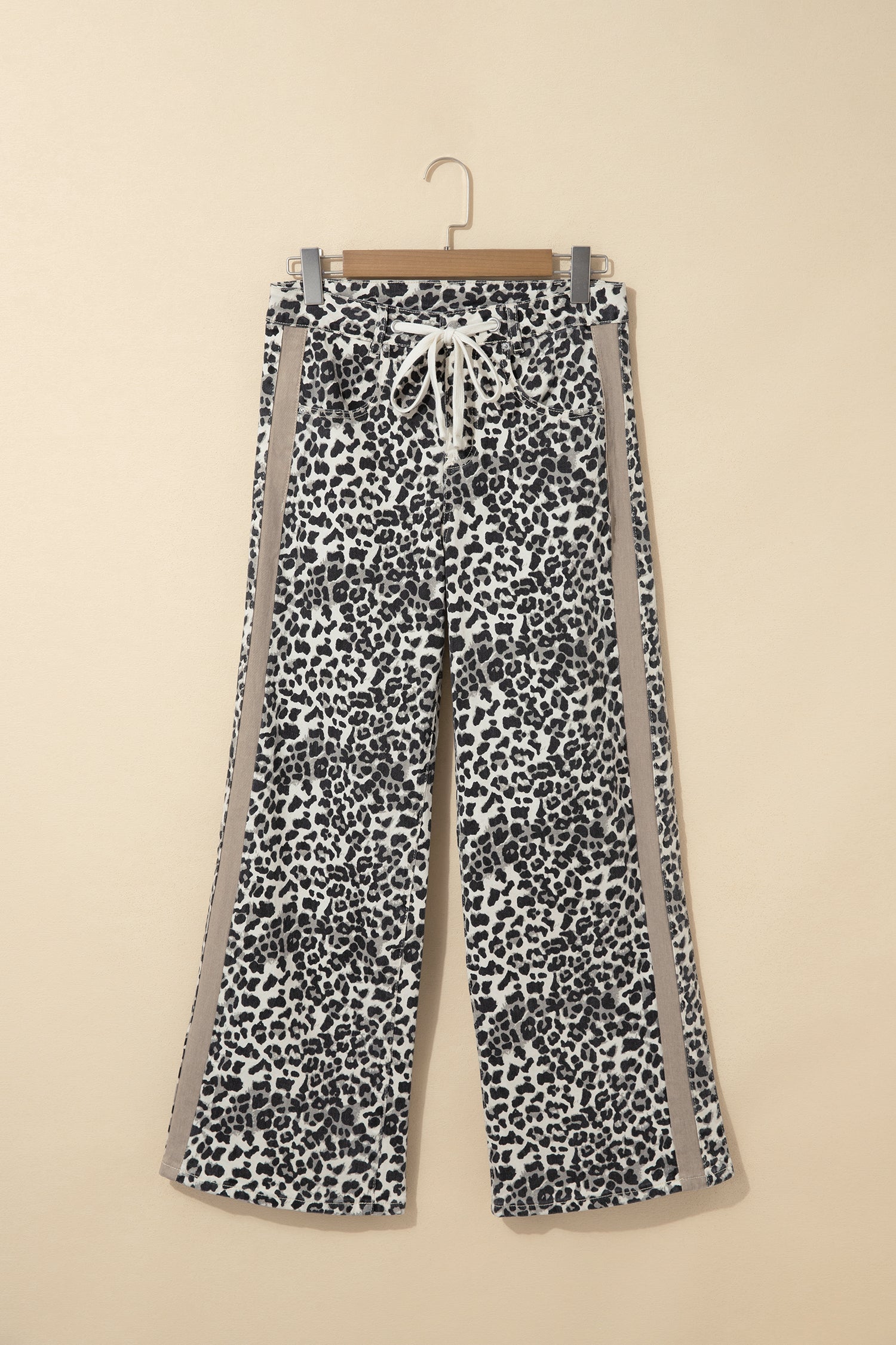 Khaki Leopard Print Drawstring Waist Straight Leg Jeans