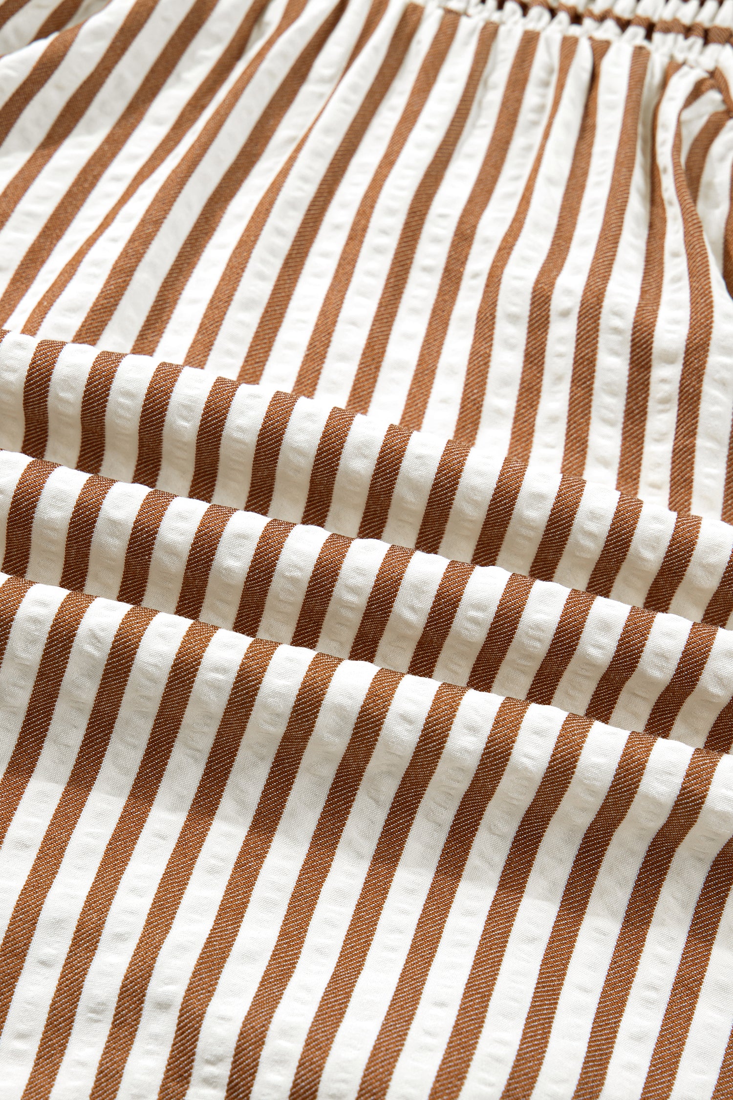 Brown Stripe Shirred V Neck Short Puff Sleeve Blouse