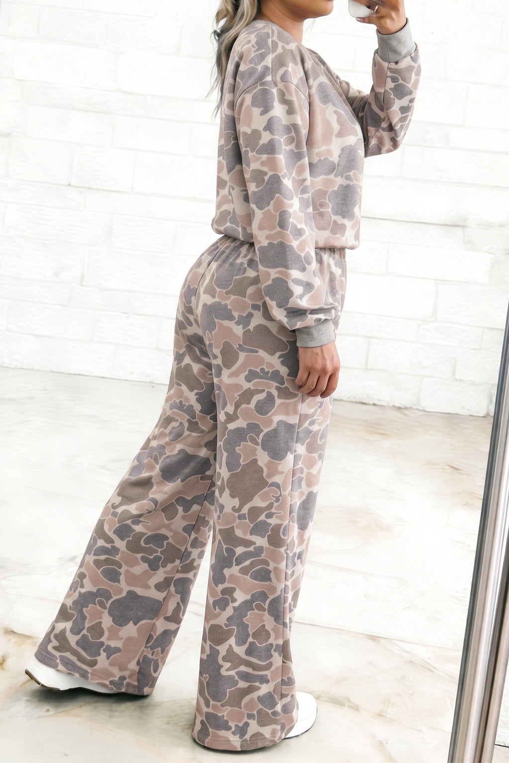 Multicolour Camouflage Long Sleeve Round Neck Two-Piece Plus Size Set