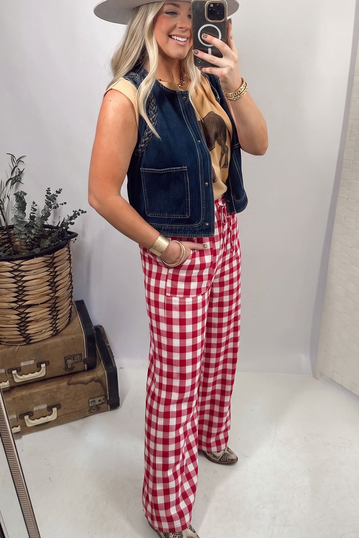Red Gingham Plaid Tie Elastic Waist Shift Pants