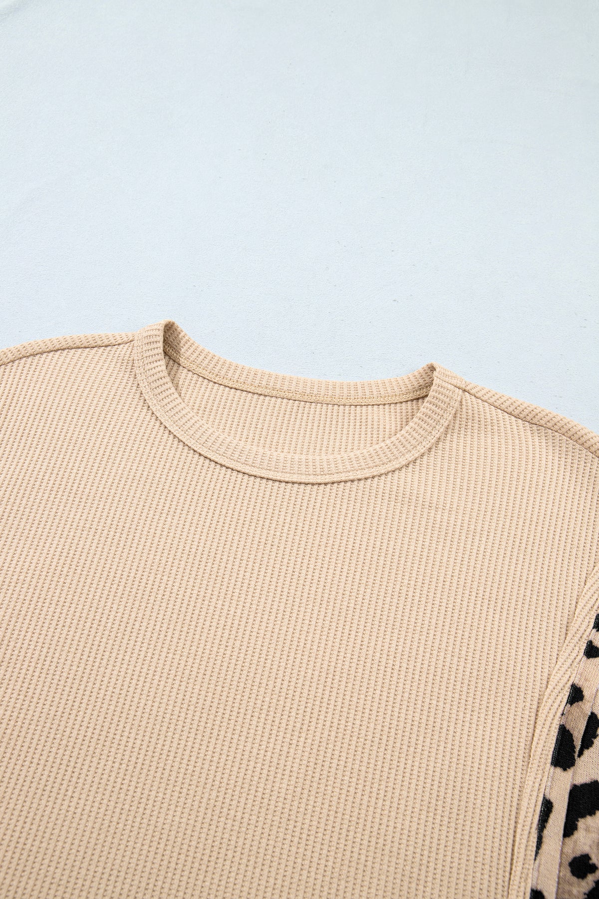Gray Morn Leopard Sleeve Waffle Knit Split Hem Top