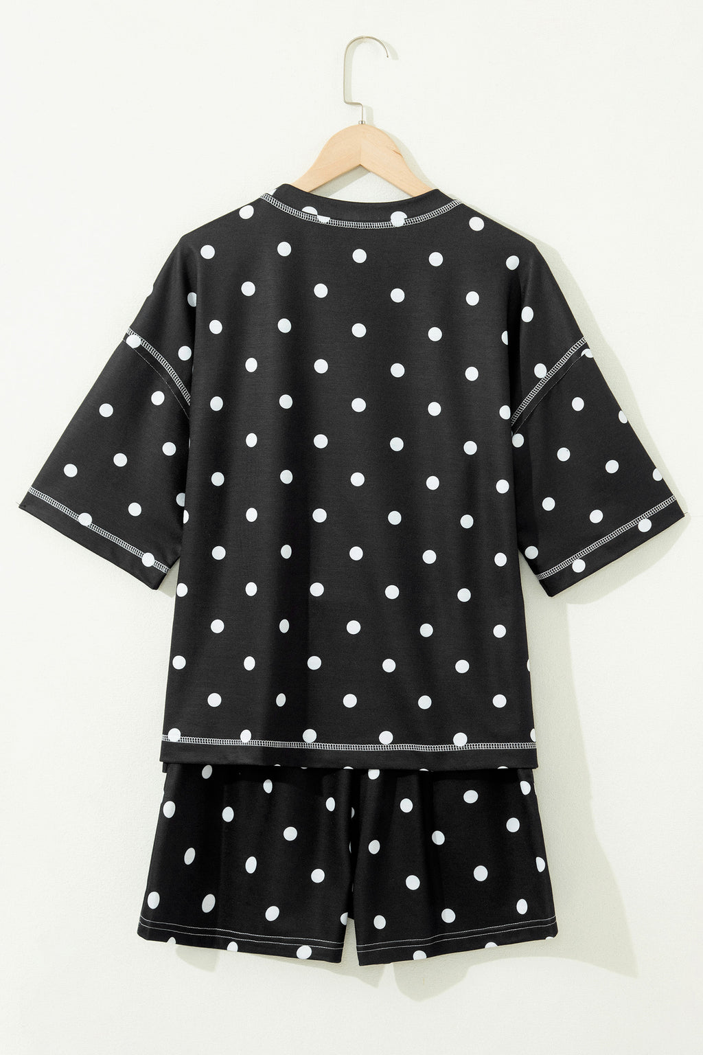 Black Exposed Seam Detail Polka Dot Loose Tee Drawstring Shorts Set
