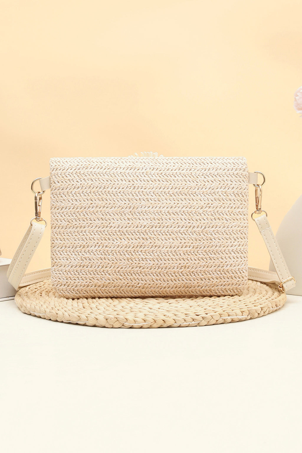 Pink Striped Straw Woven Zip Folded Magnetic Button Shoulder Bag