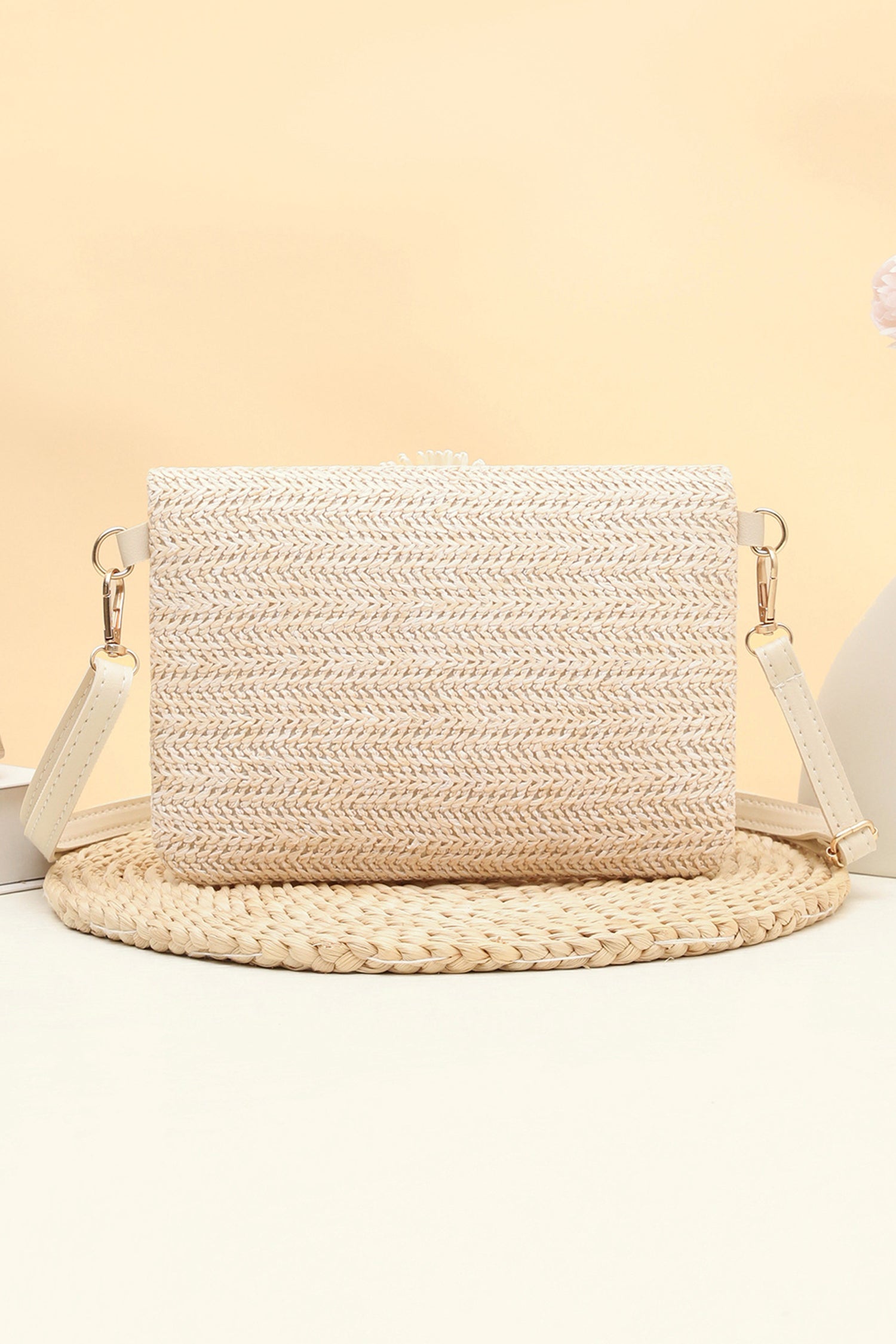 Pink Striped Straw Woven Zip Folded Magnetic Button Shoulder Bag