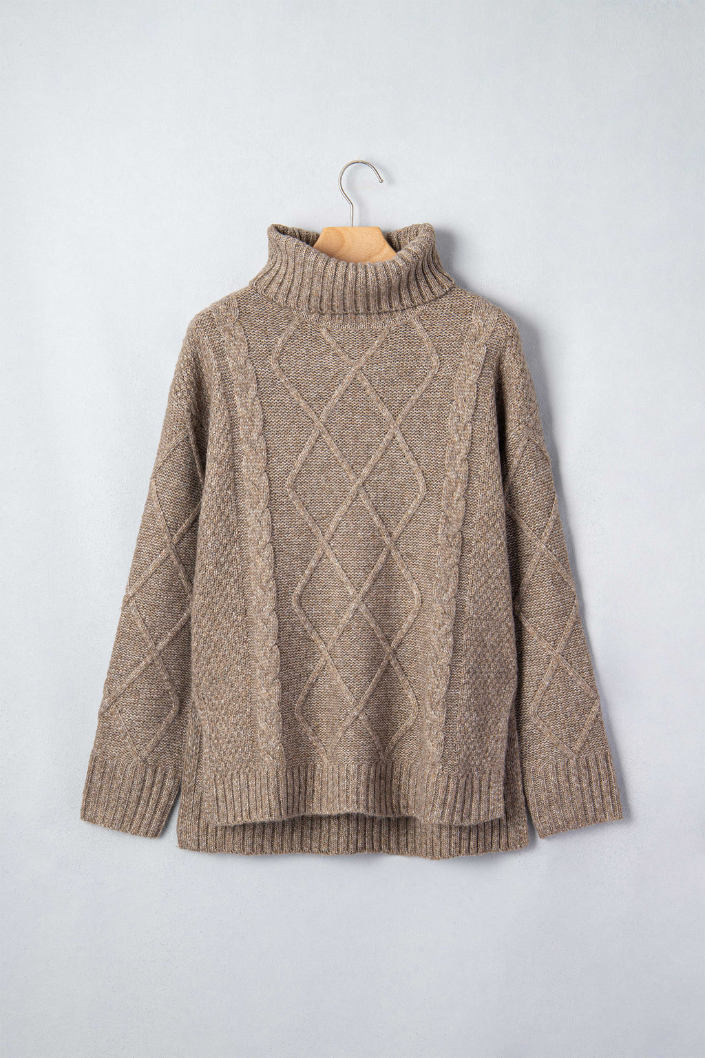 Dark Khaki High Neck Drop Shoulder Cable Knit Regular Length Sweater