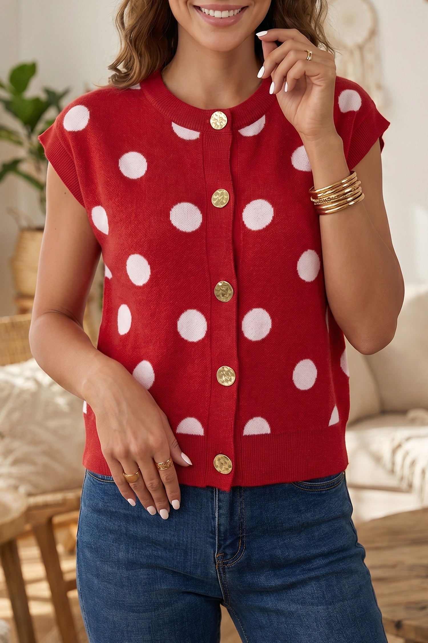 Red Relaxed Polka Dot Print Decorated Button Sweater Vest