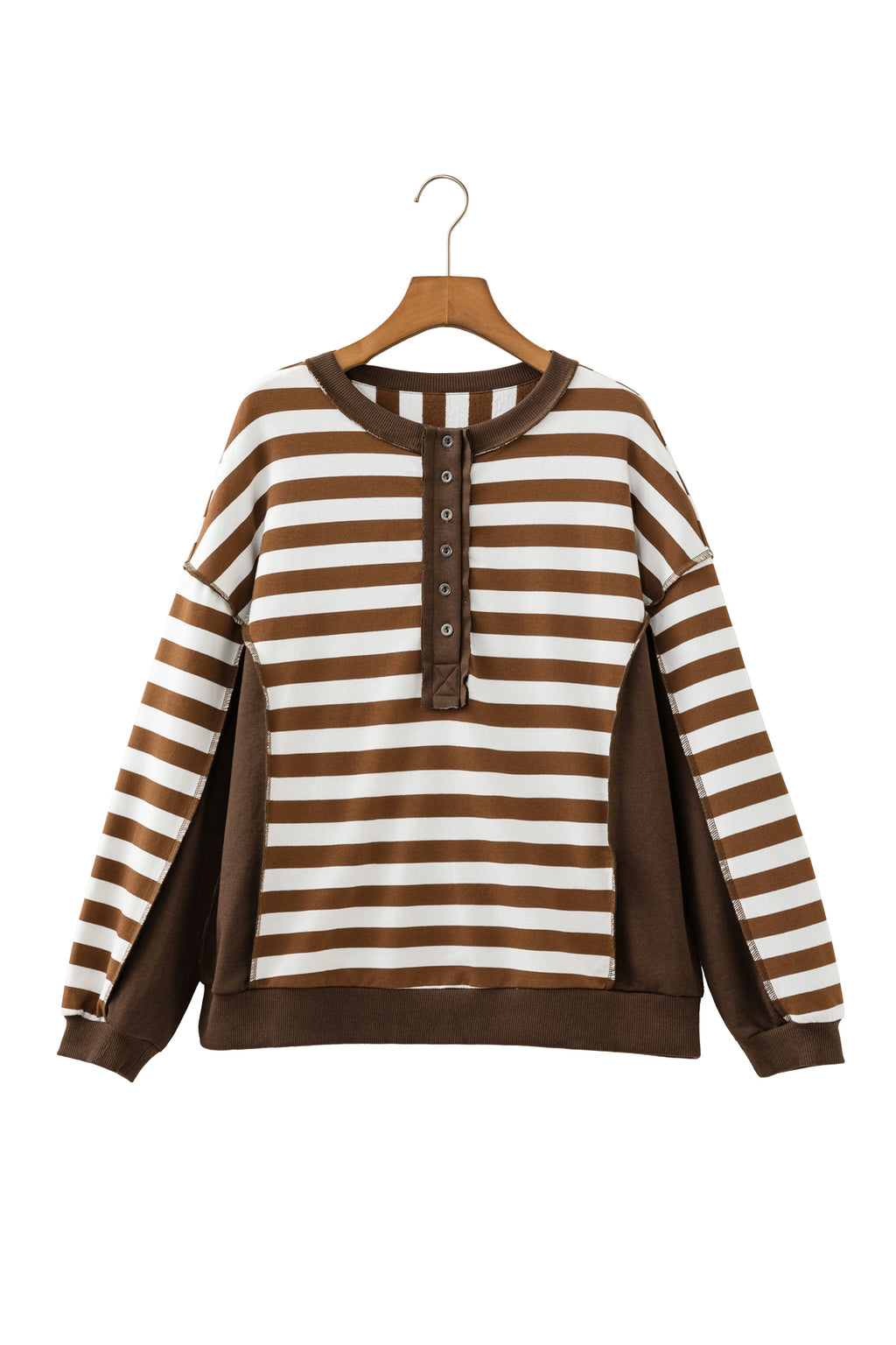 Brown Stripe Exposed Seam Color Block Patchwork Button Placket Sweatshirt