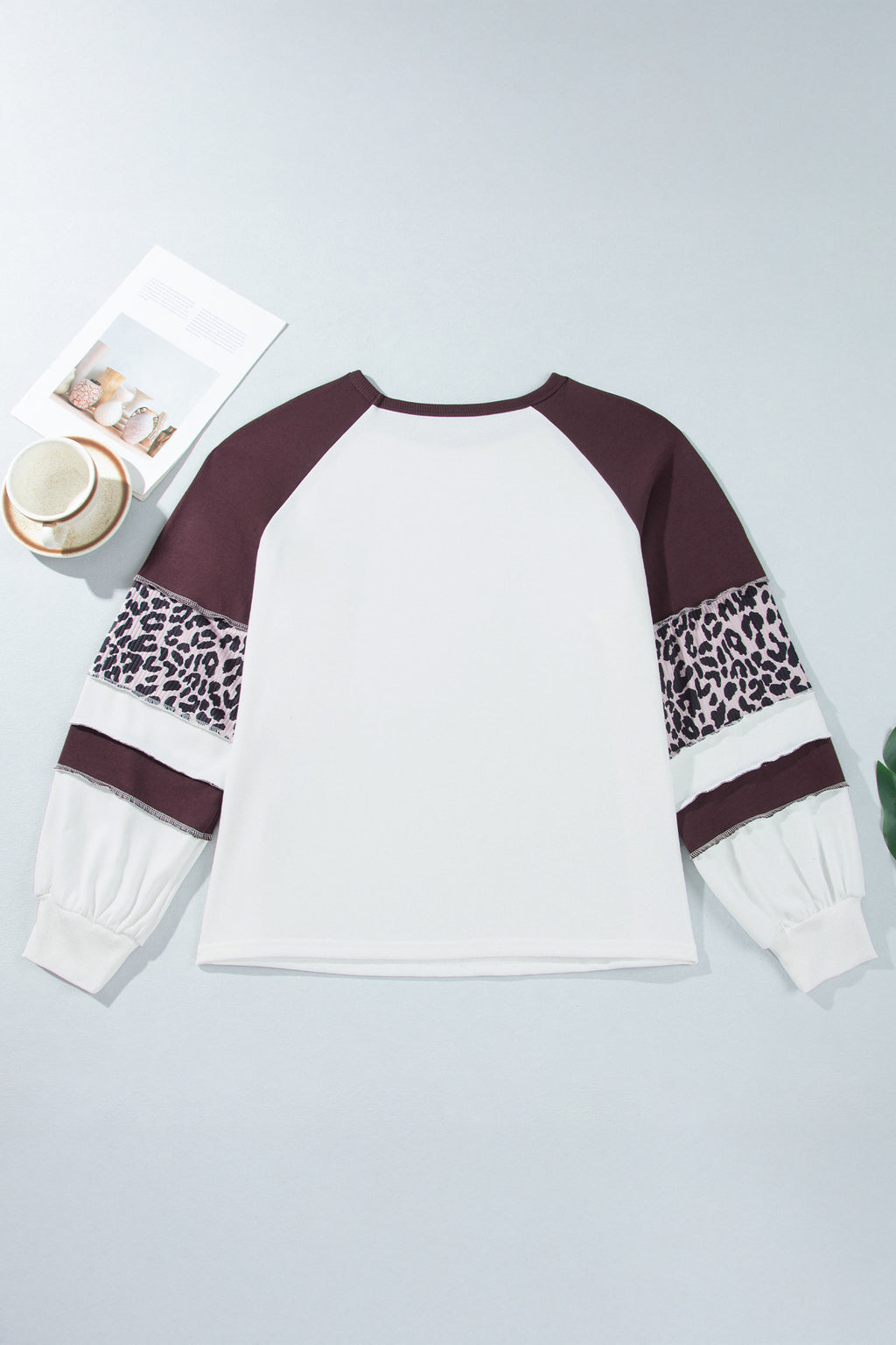 Beige Leopard Print Colorblock Round Neck Long Sleeve Plus Size Blouse