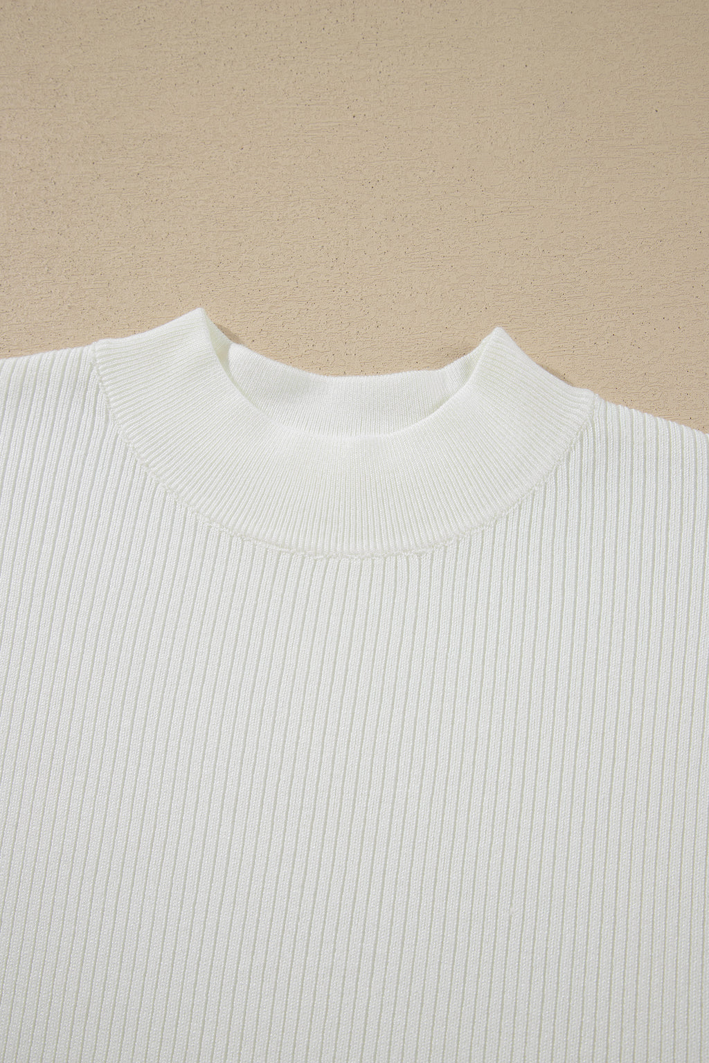 White Solid Color Ribbed Knit Mock Neck Loose Short Sleeve Sweater