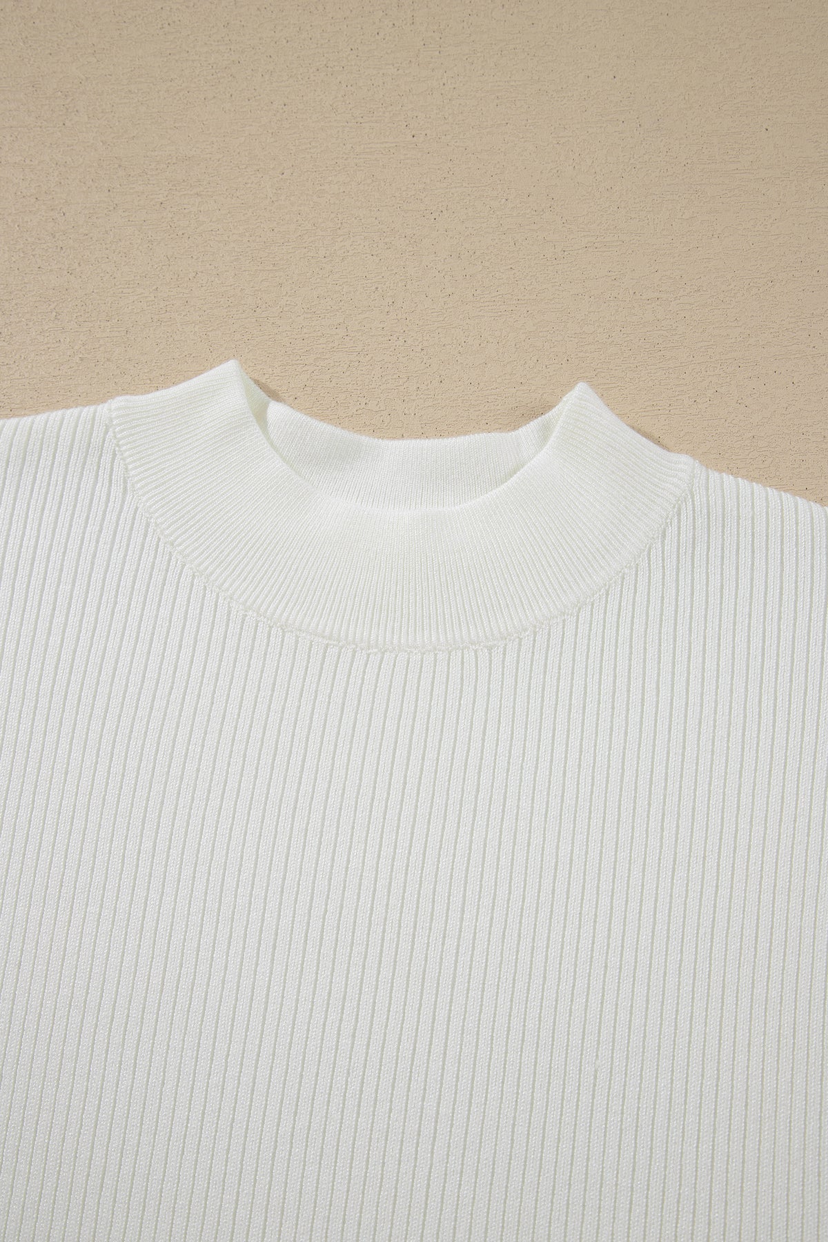 White Solid Color Ribbed Knit Mock Neck Loose Short Sleeve Sweater