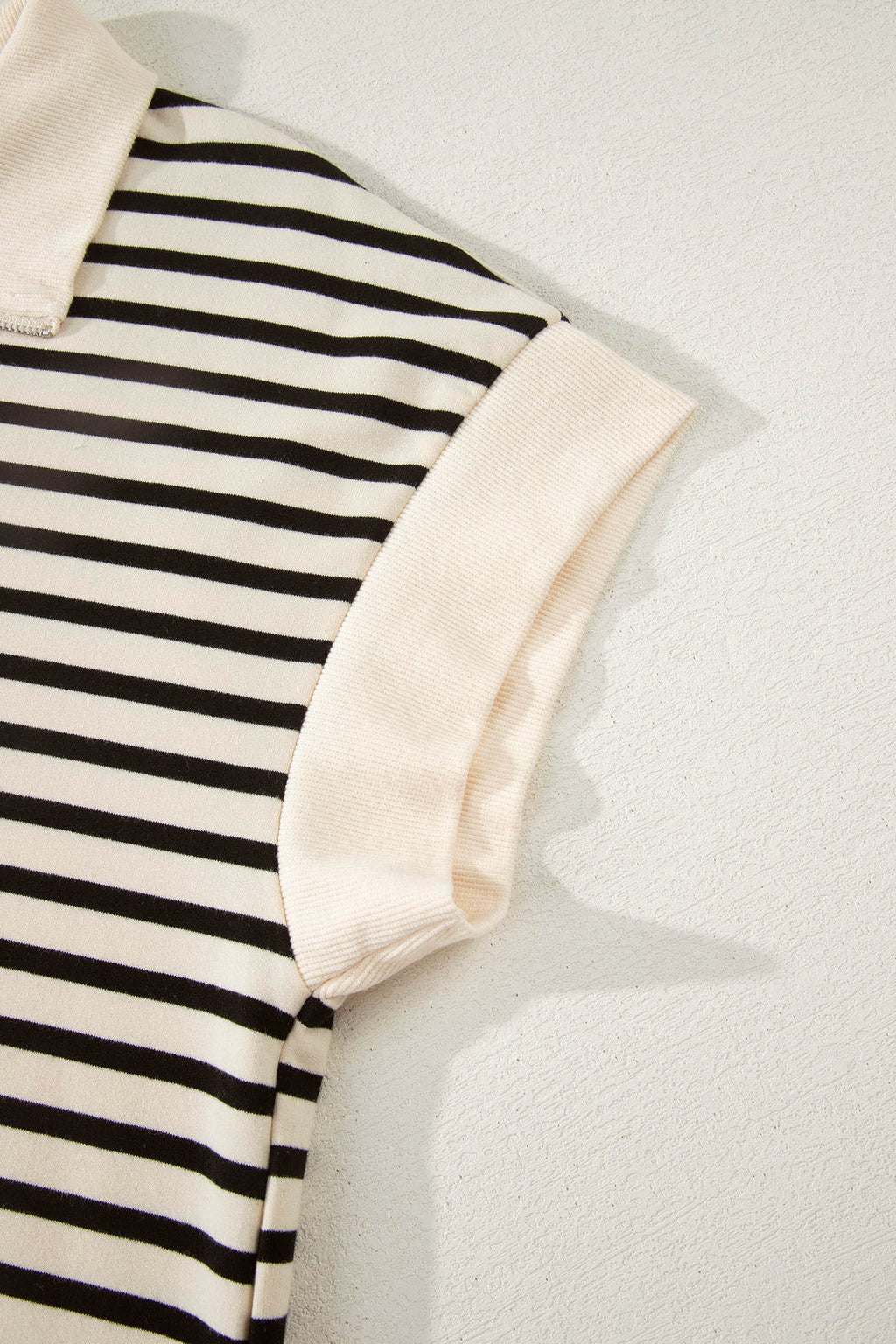 Black Stripe Ribbed Color Block Trim Zip Polo Tee Drawstring Shorts 2pcs Outfit