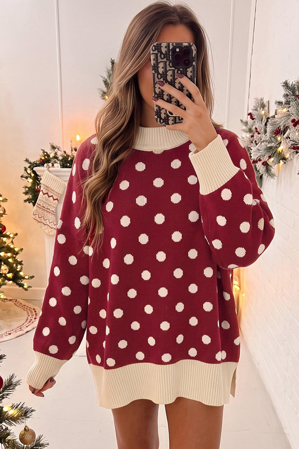 Red Polka Dot Pattern Ribbed Colorblock Trim Split Tunic Sweater