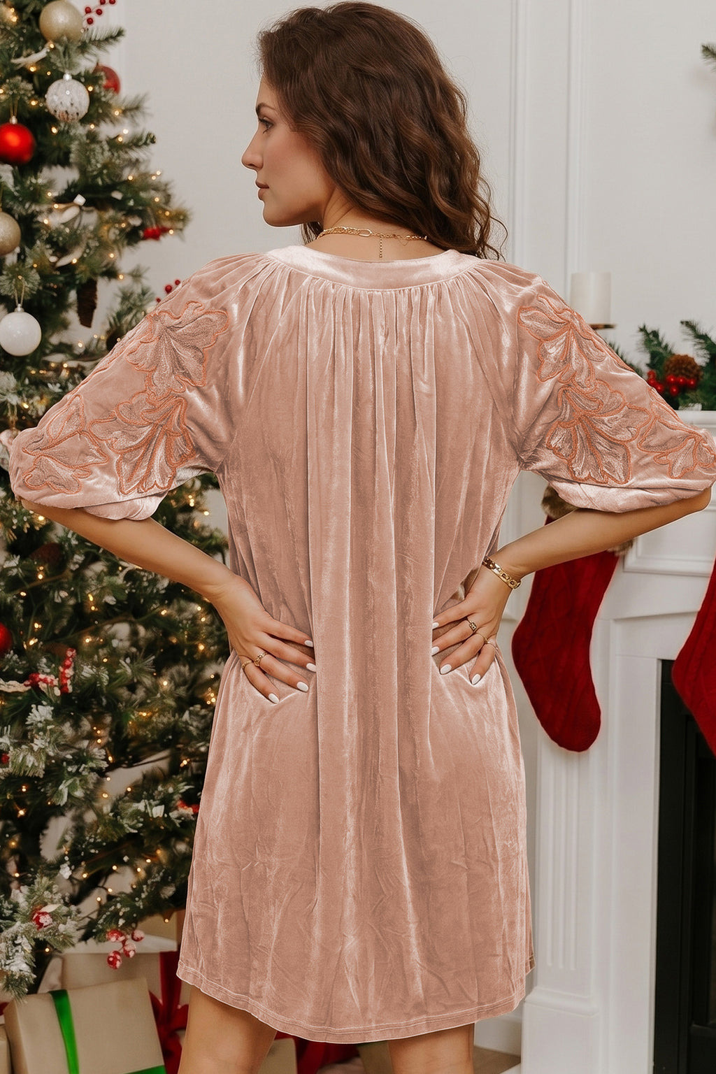 Light French Beige Embroidered Sleeve Velvet Mini Shift Dress