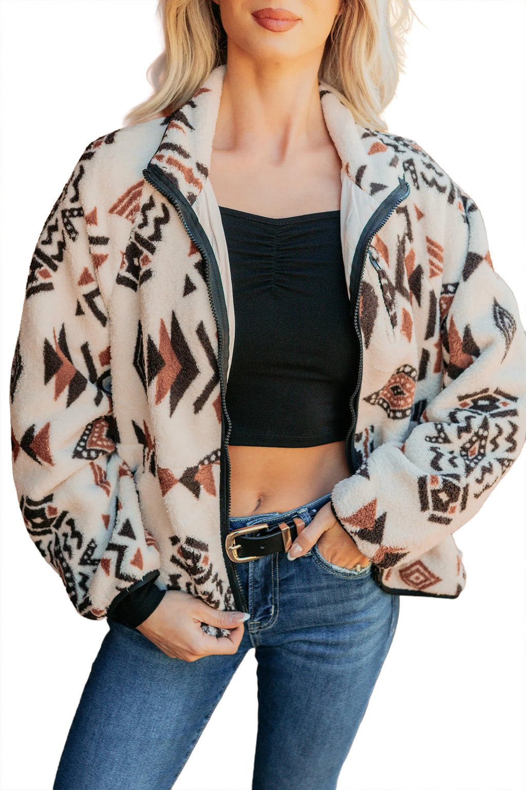 Beige Geometric Print Long Sleeve Shirt Collar Zip-up Placket Binding Tape Jacket