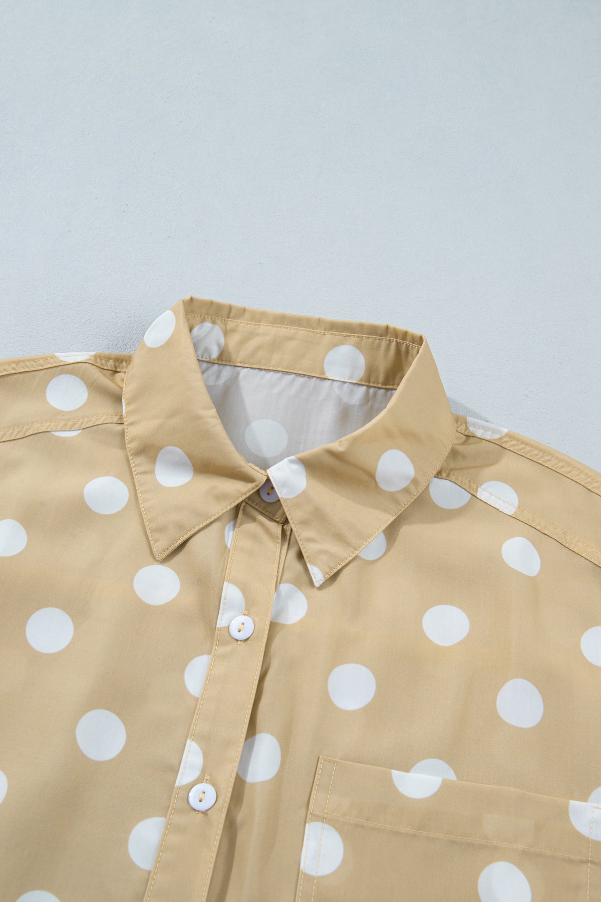 Khaki Polka Dot Print Three Quarter Sleeve Ruffle Hem Casual Shirt