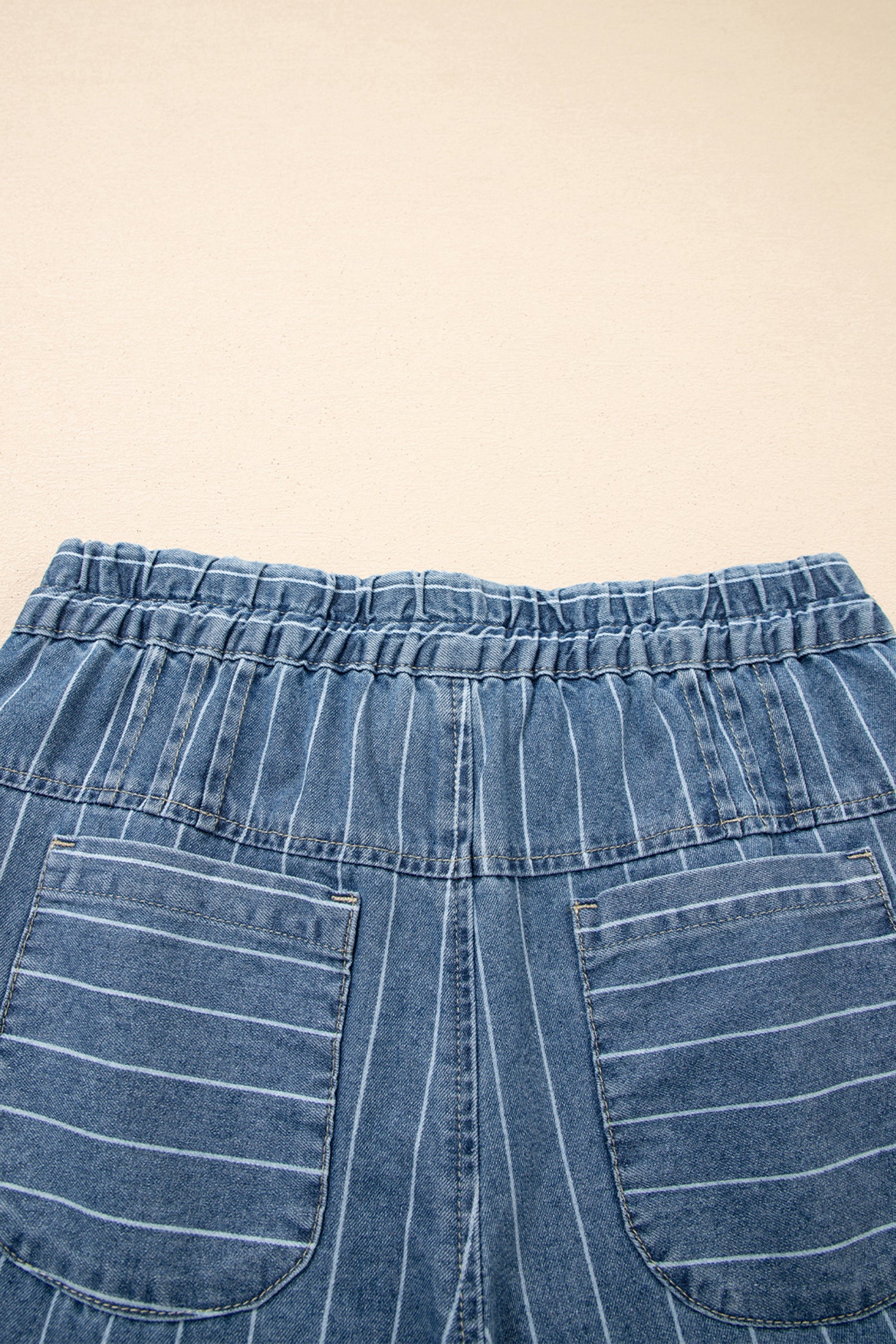Sky Blue Stripe Button Pleated Drawstring Waist Casual Wide Leg Jeans