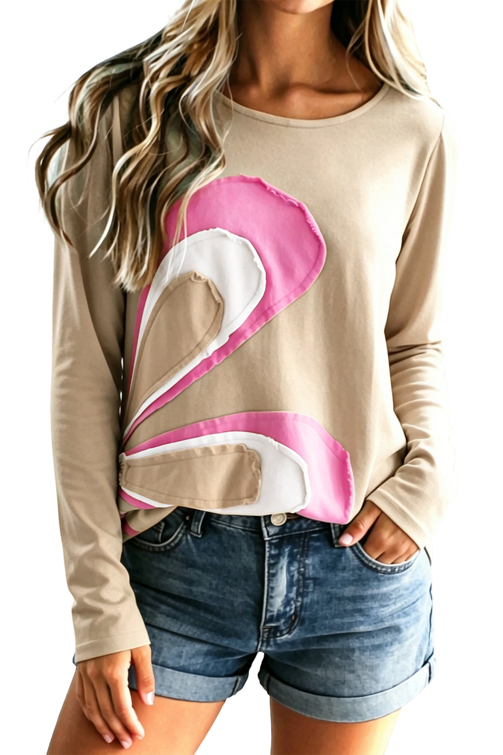 Pale Khaki Patchwork Long Sleeve Shift Top