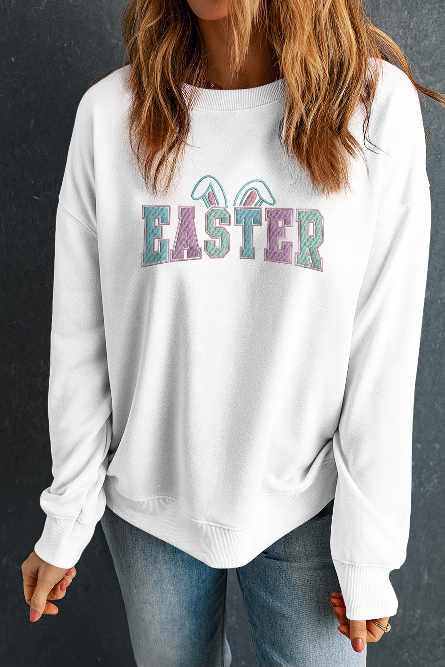 White Easter Bunny Ear Embroidered Pullover Sweatshirt