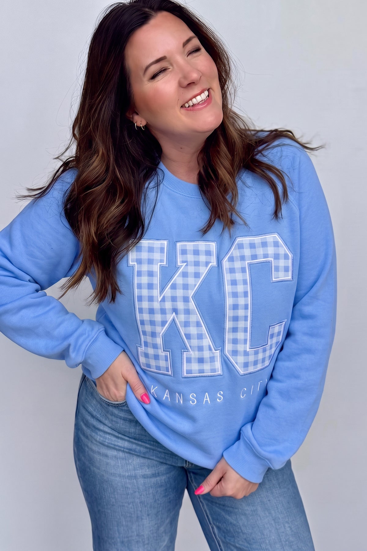 Dusk Blue Floral Letter Print Loose Fit Long Sleeve Round Neck Plus Size Sweatshirt