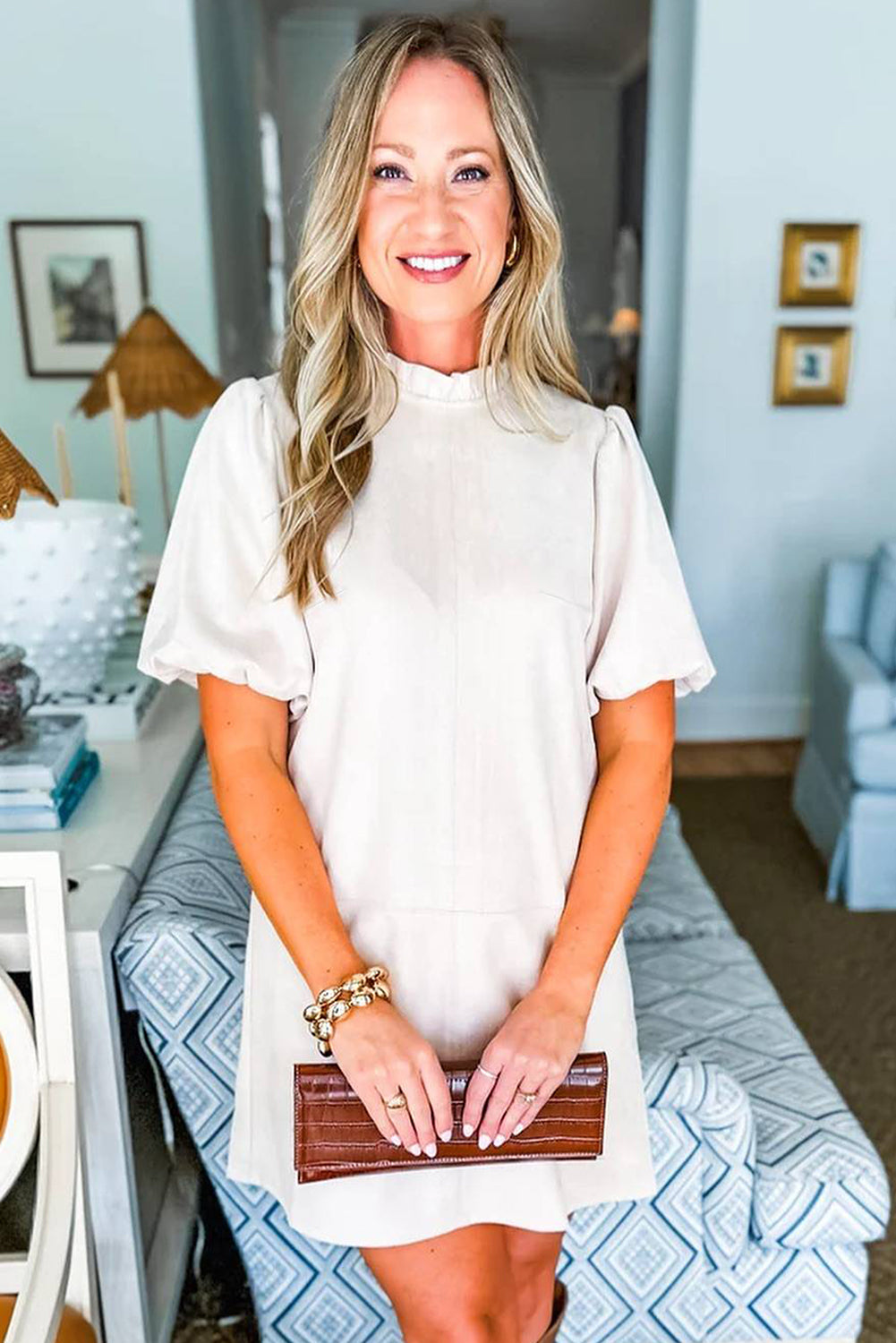 White Frilled Round Neck Short Puff Sleeve Shift Mini Dress