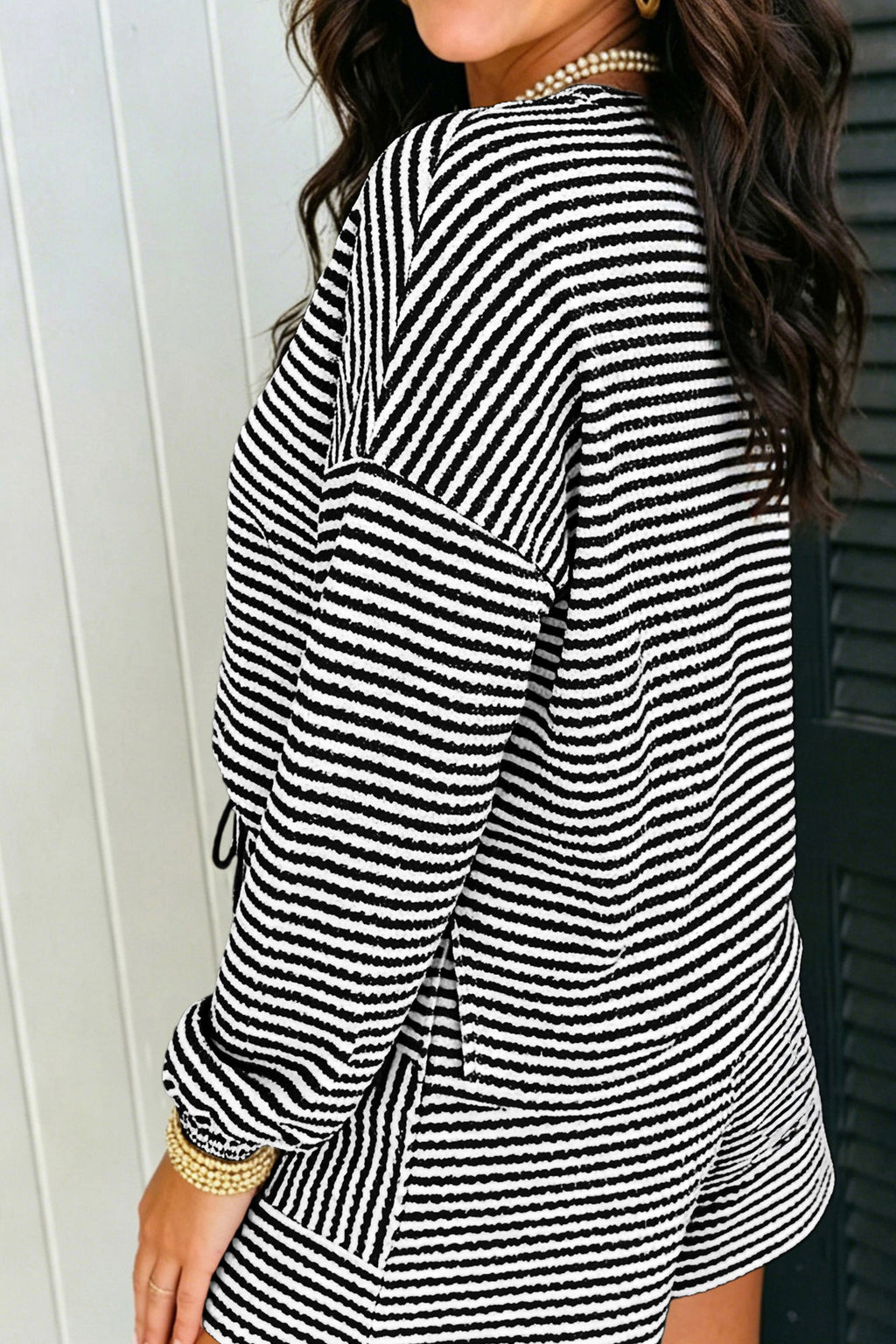 Brown Stripe Textured Knit Long Sleeve Top Elastic Waist Shorts Casual Outfit