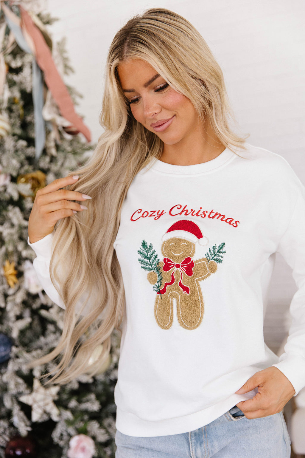 White Embroidered Gingerbread Cozy Christmas Long Sleeve Round Neck Pullover Sweatshirt