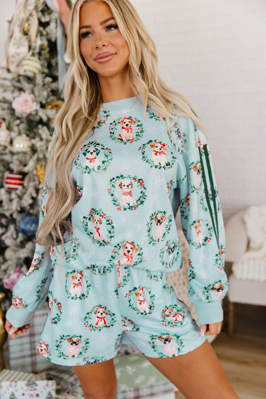 Sky Blue Holiday Puppies Wreath Print Pocket Sweatshirt and Shorts Set