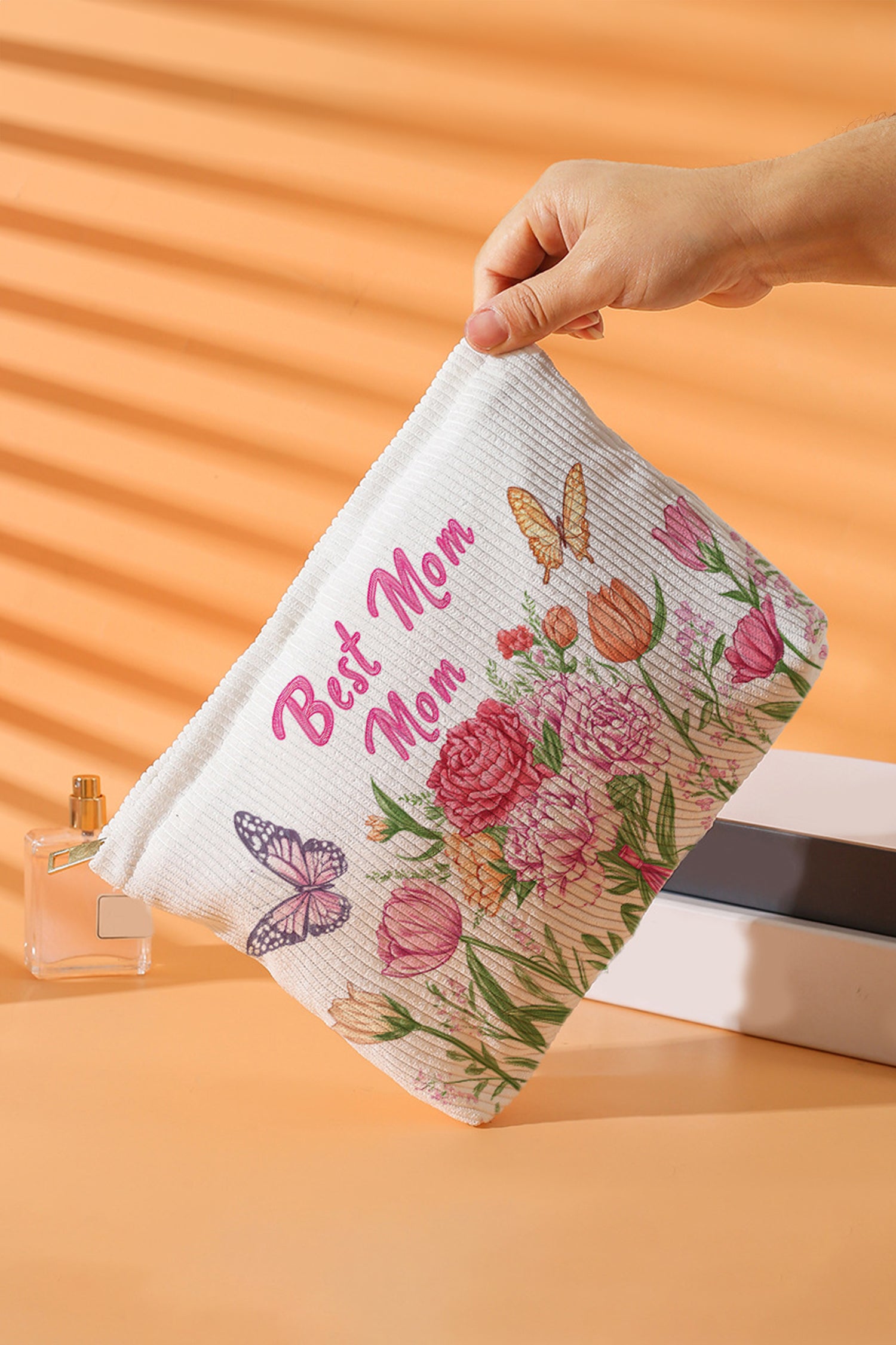 White Best Mom Mom Butterfly Floral Printed Corduroy Makeup Bag