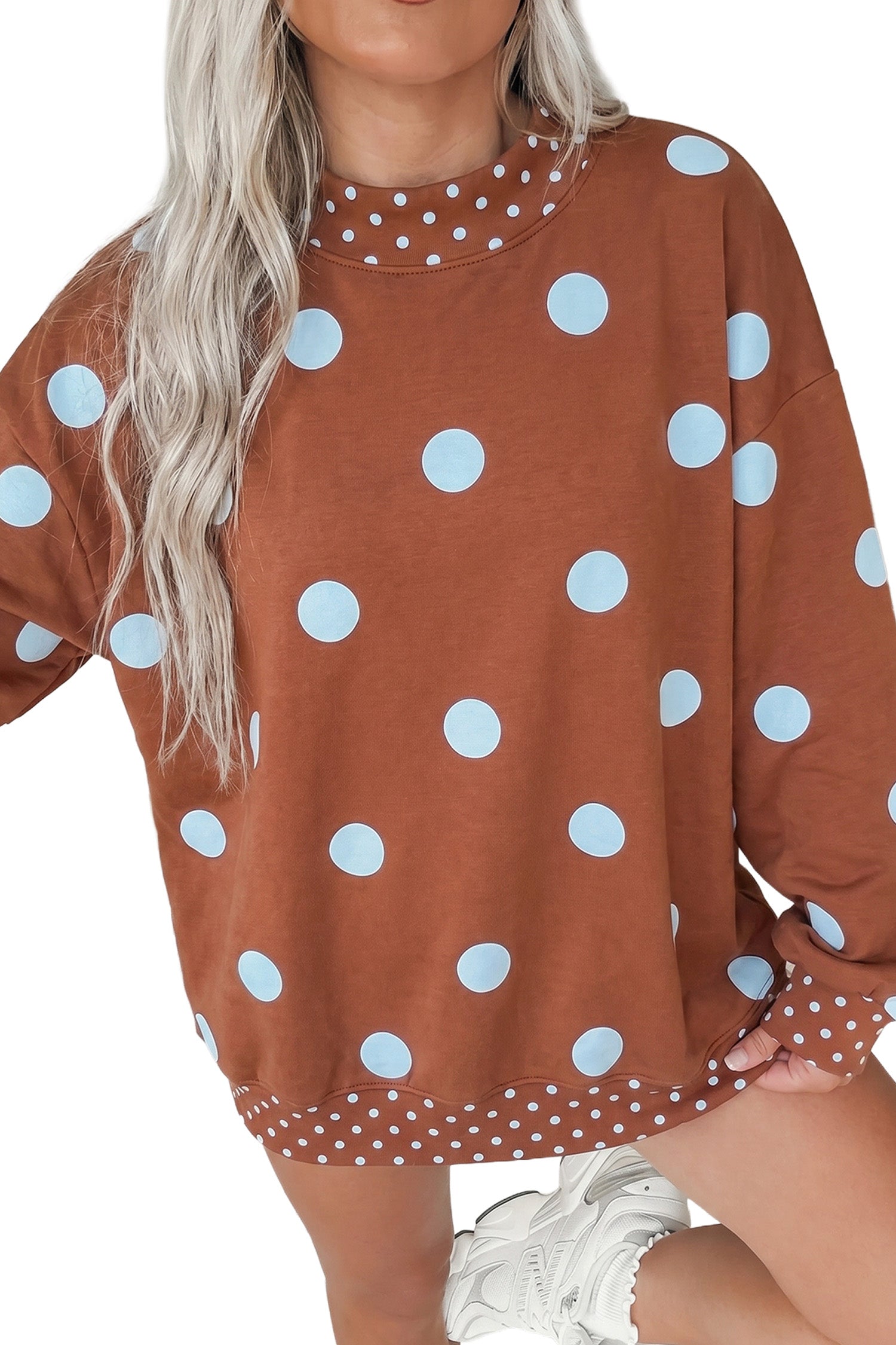 Pink Polka Dot Print Contrast Detail Oversized Tunic Sweatshirt
