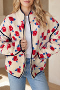 White Floral Print Zipper Stand Neck Outerwear Fleece Coat