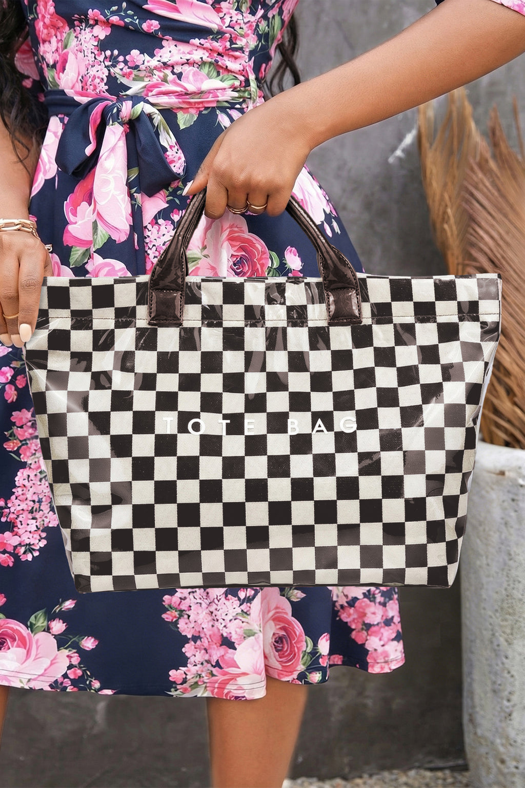 Black white Checkered Glossy PU Leather Tote Bag