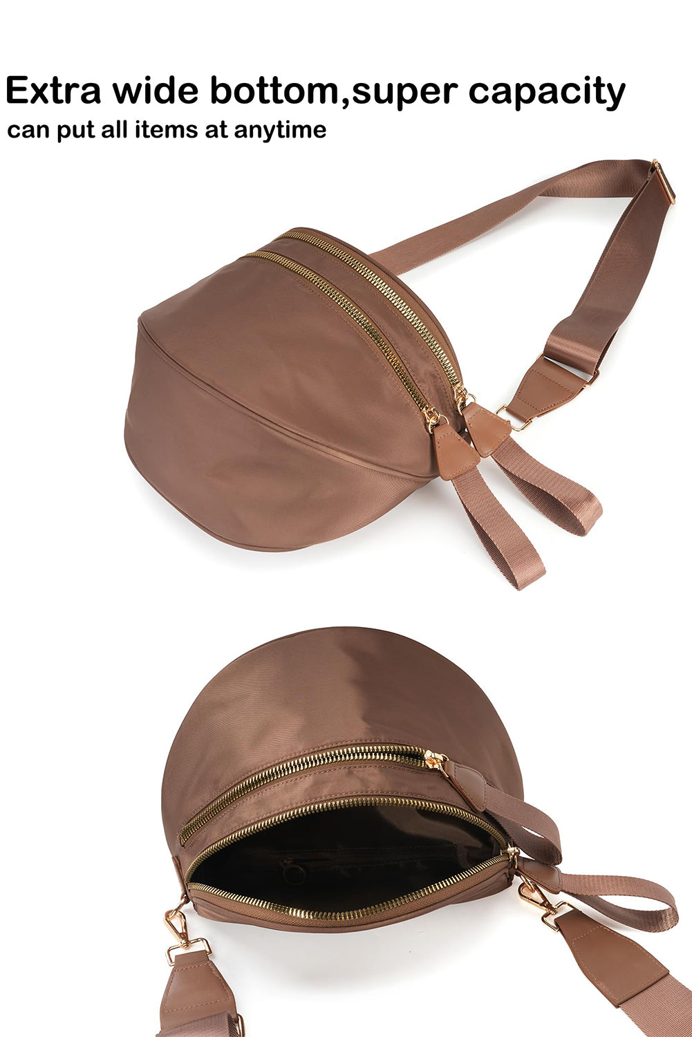 Camel Double Zip Crescent Shape Adjustable Sling Bag