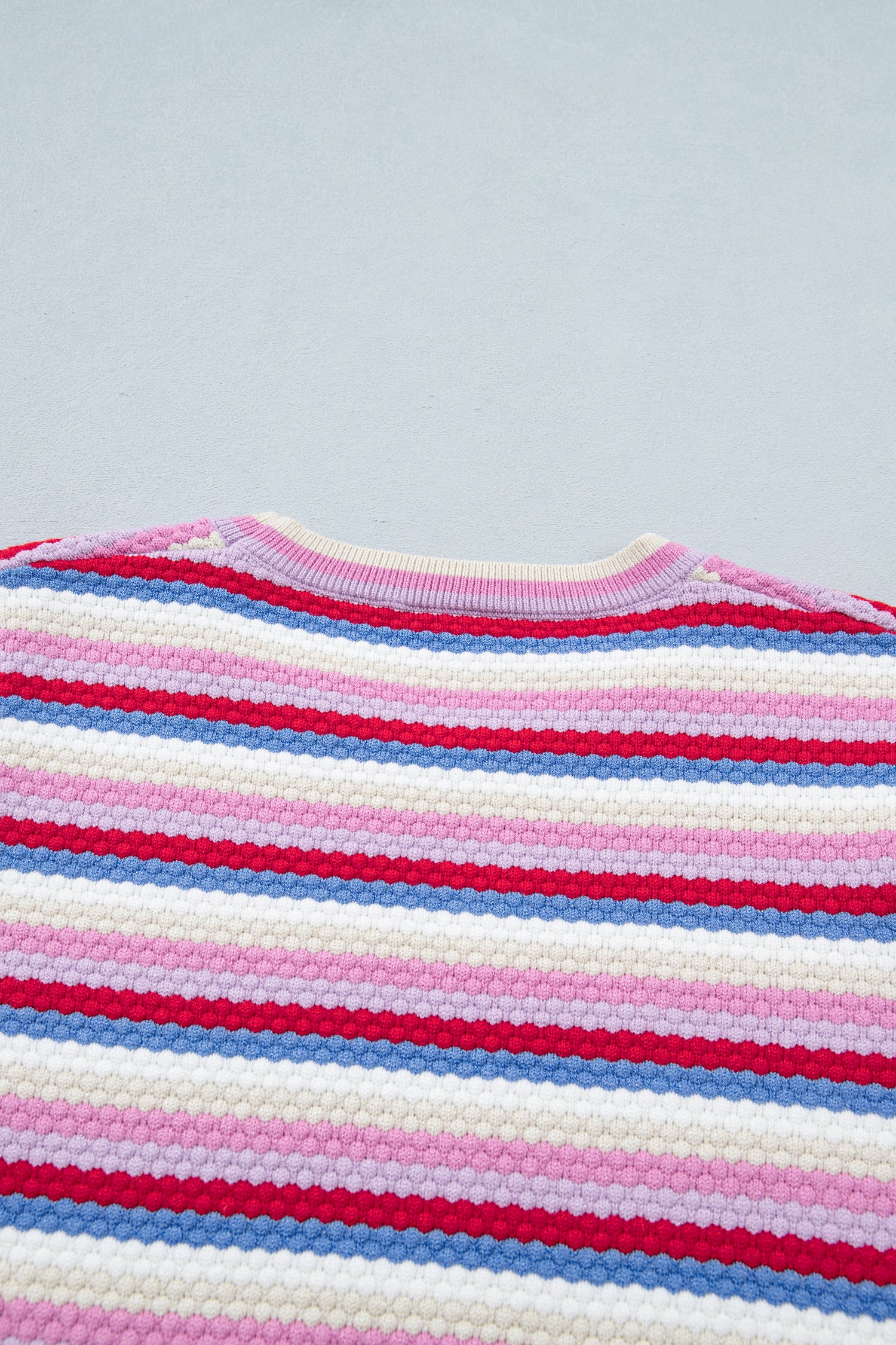 Multicolour Textured Stripes Knit Short Sleeve Sweater