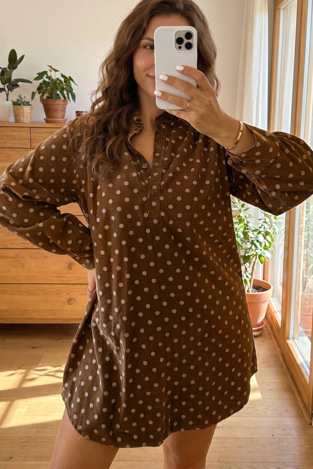 Brown Polka Dot V Neck Long Sleeve Button Shift Dress