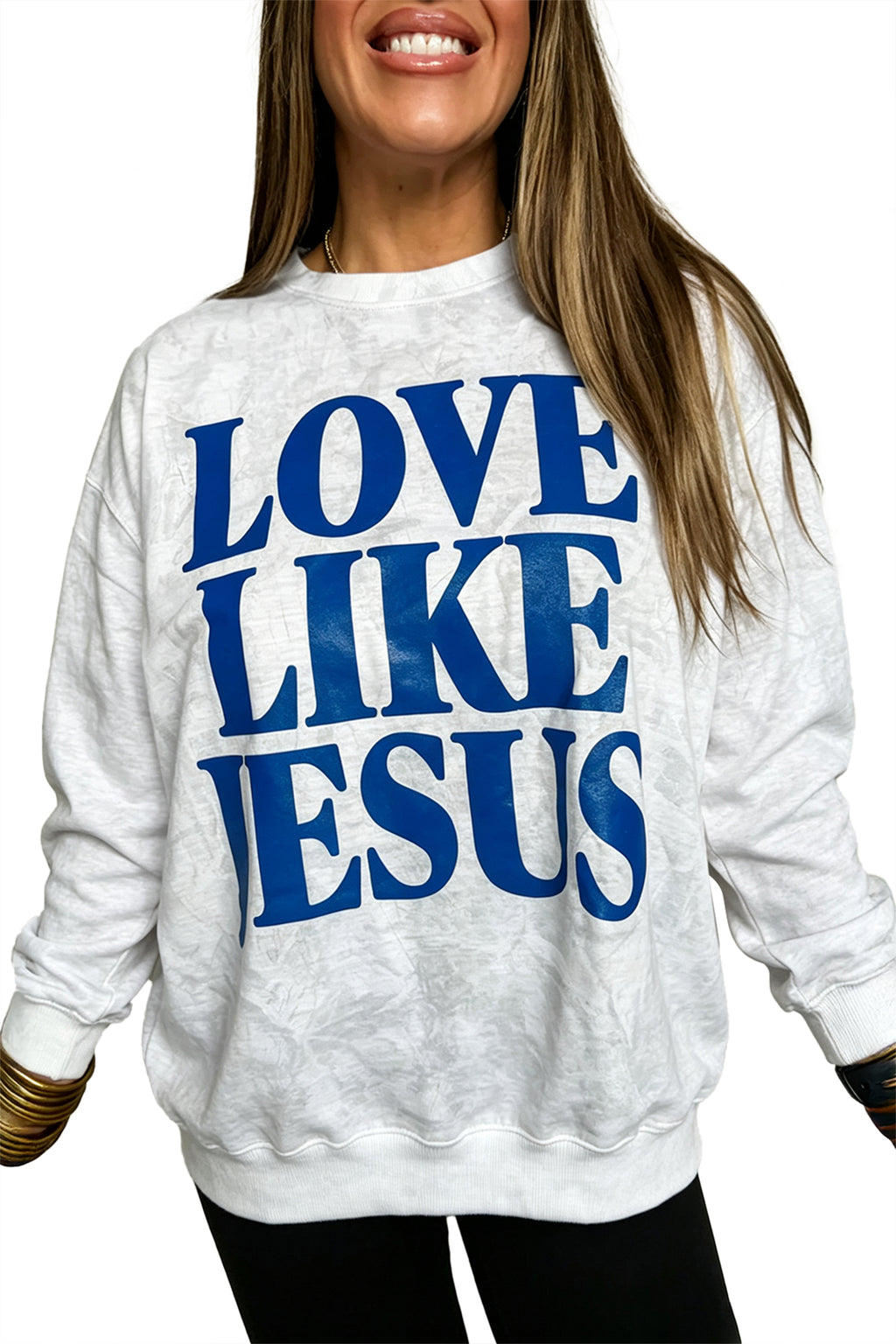 Gray LOVE LIKE JESUS Letter Print Round Neck Light Camo Pullover Sweatshirt