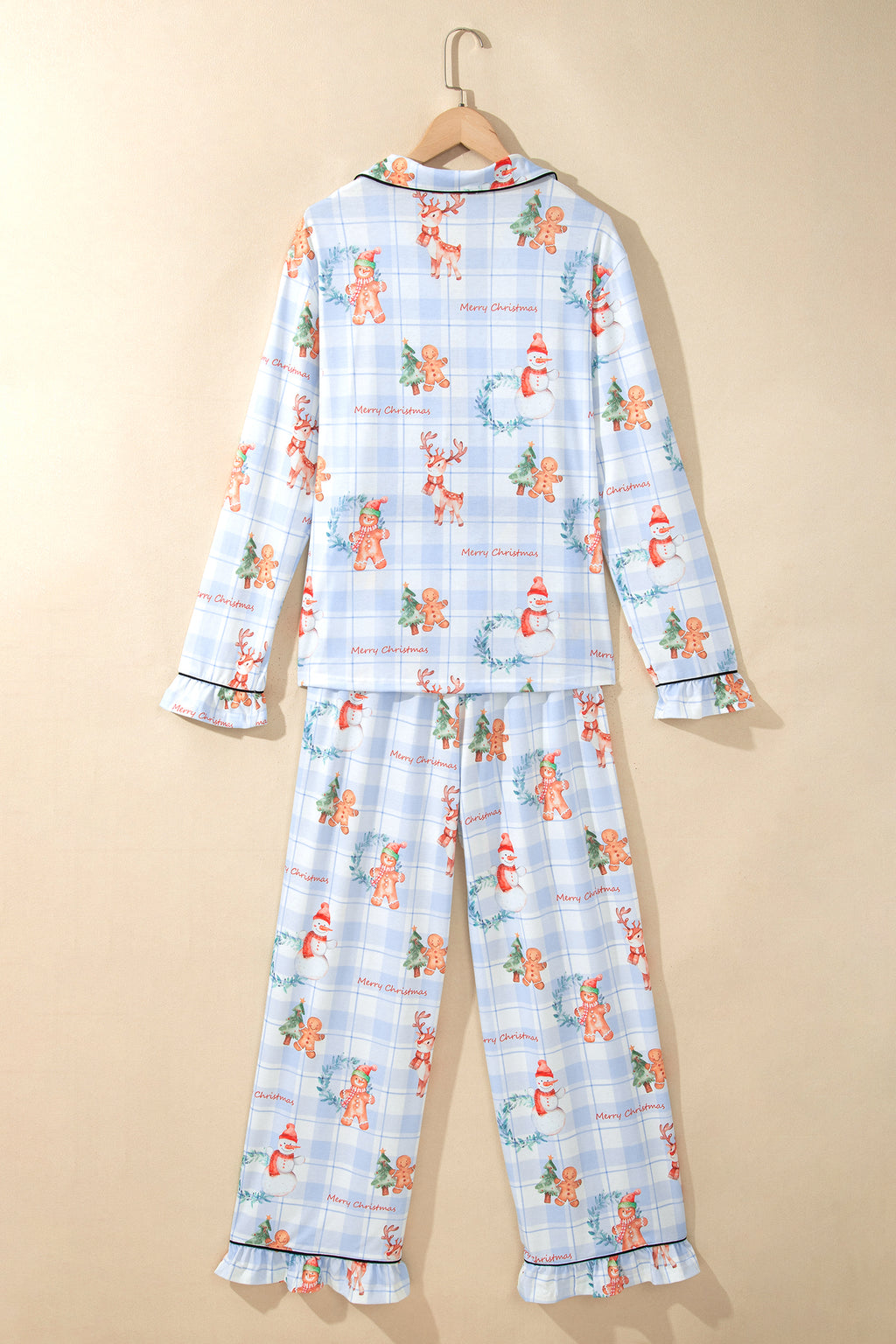 Sky Blue Plaid Cartoon Christmas Pattern Shirt Top 2pcs Pajama Set