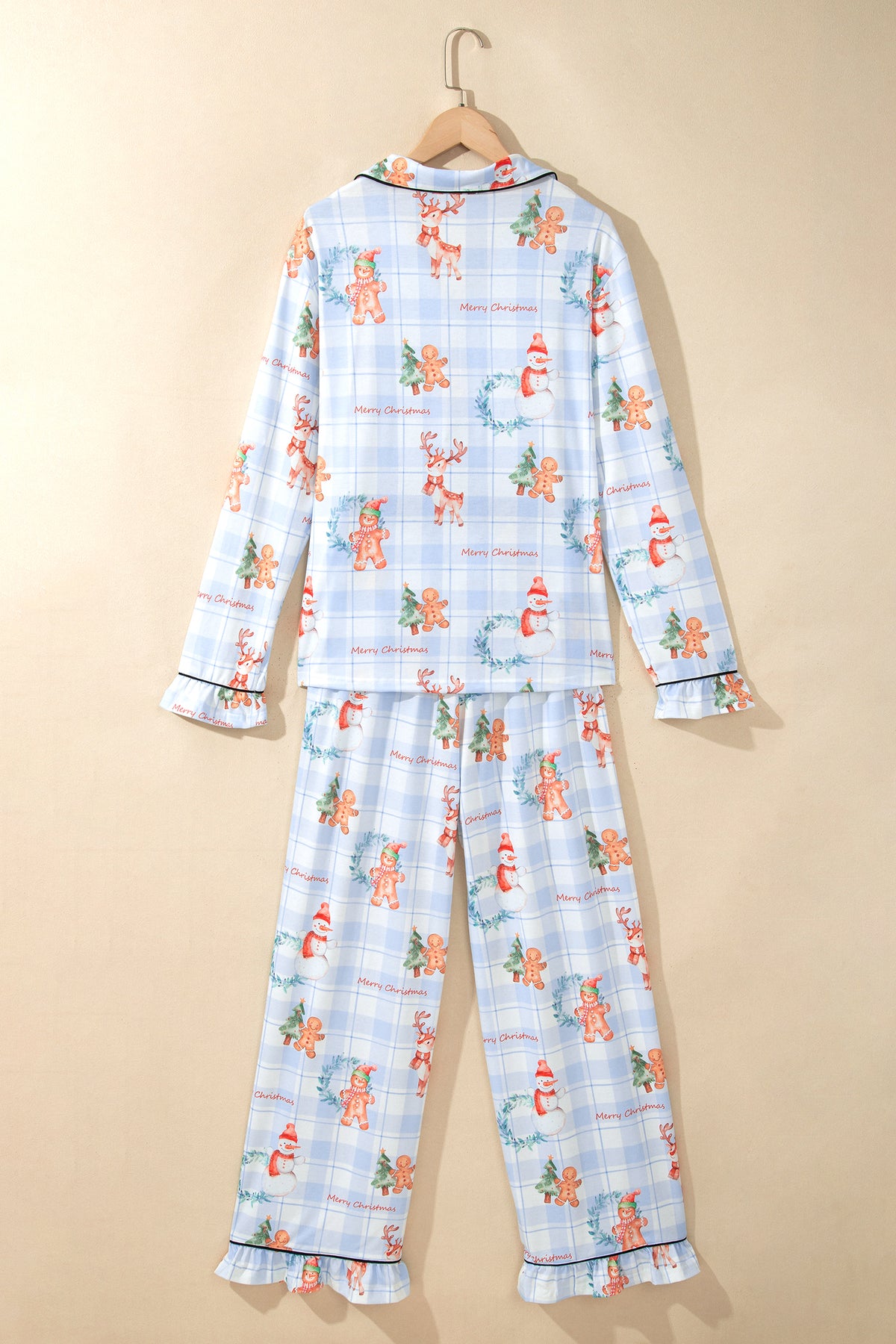 Sky Blue Plaid Cartoon Christmas Pattern Shirt Top 2pcs Pajama Set