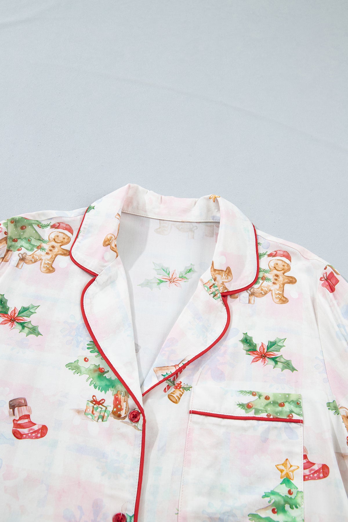 Pink Plaid Snowflake Christmas Gingerbread Man Print Long 2pcs Lounge Set