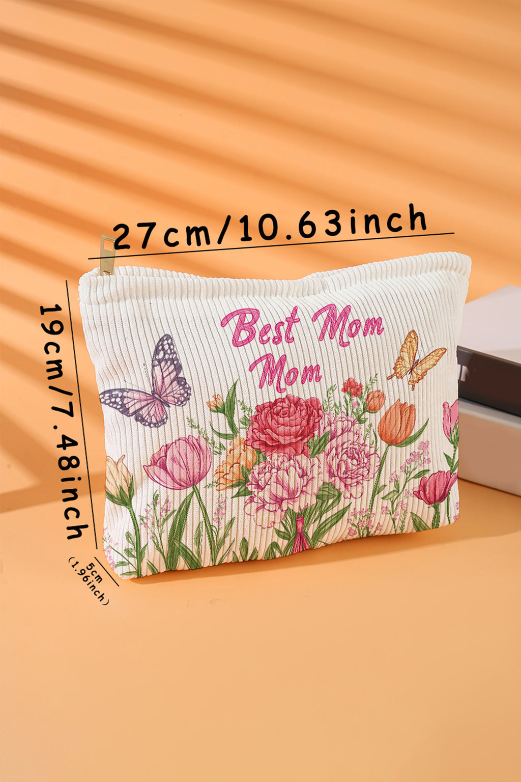 White Best Mom Mom Butterfly Floral Printed Corduroy Makeup Bag