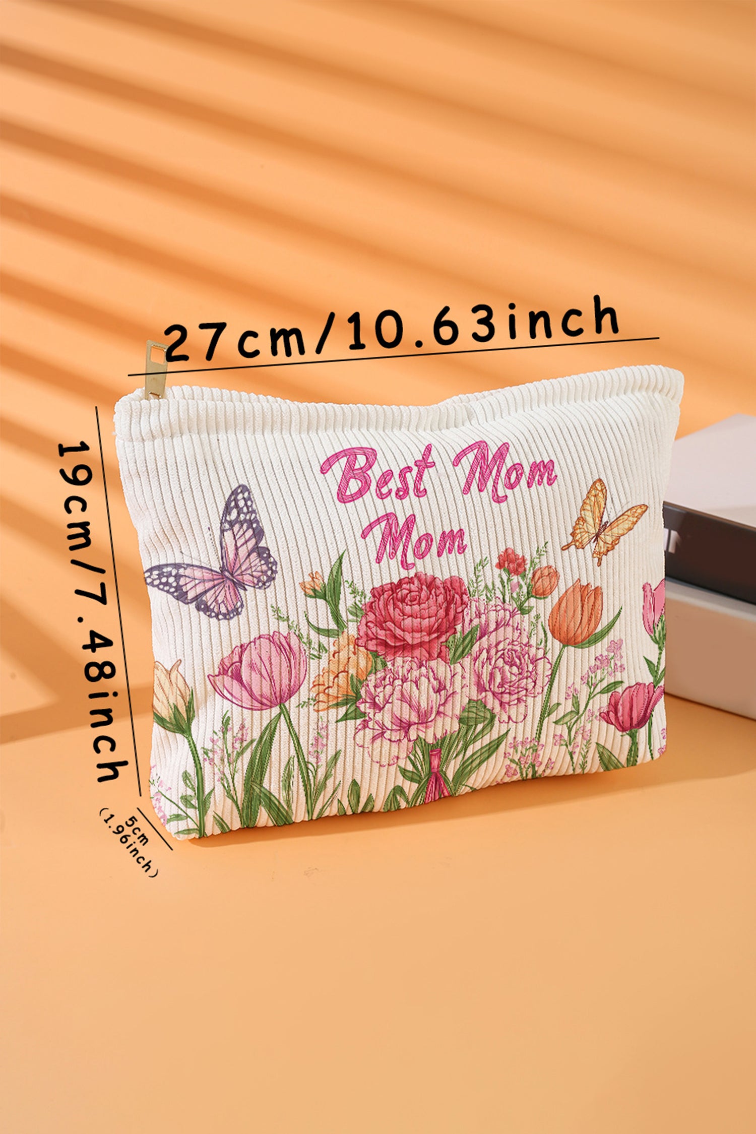 White Best Mom Mom Butterfly Floral Printed Corduroy Makeup Bag
